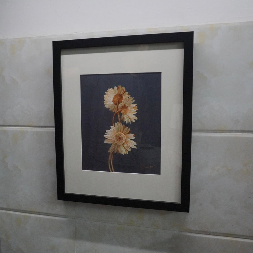 Three White & Yellow Chrysanthemums Embroidery Ink Background, Oil Painting Style Framed Floral Wall Decor