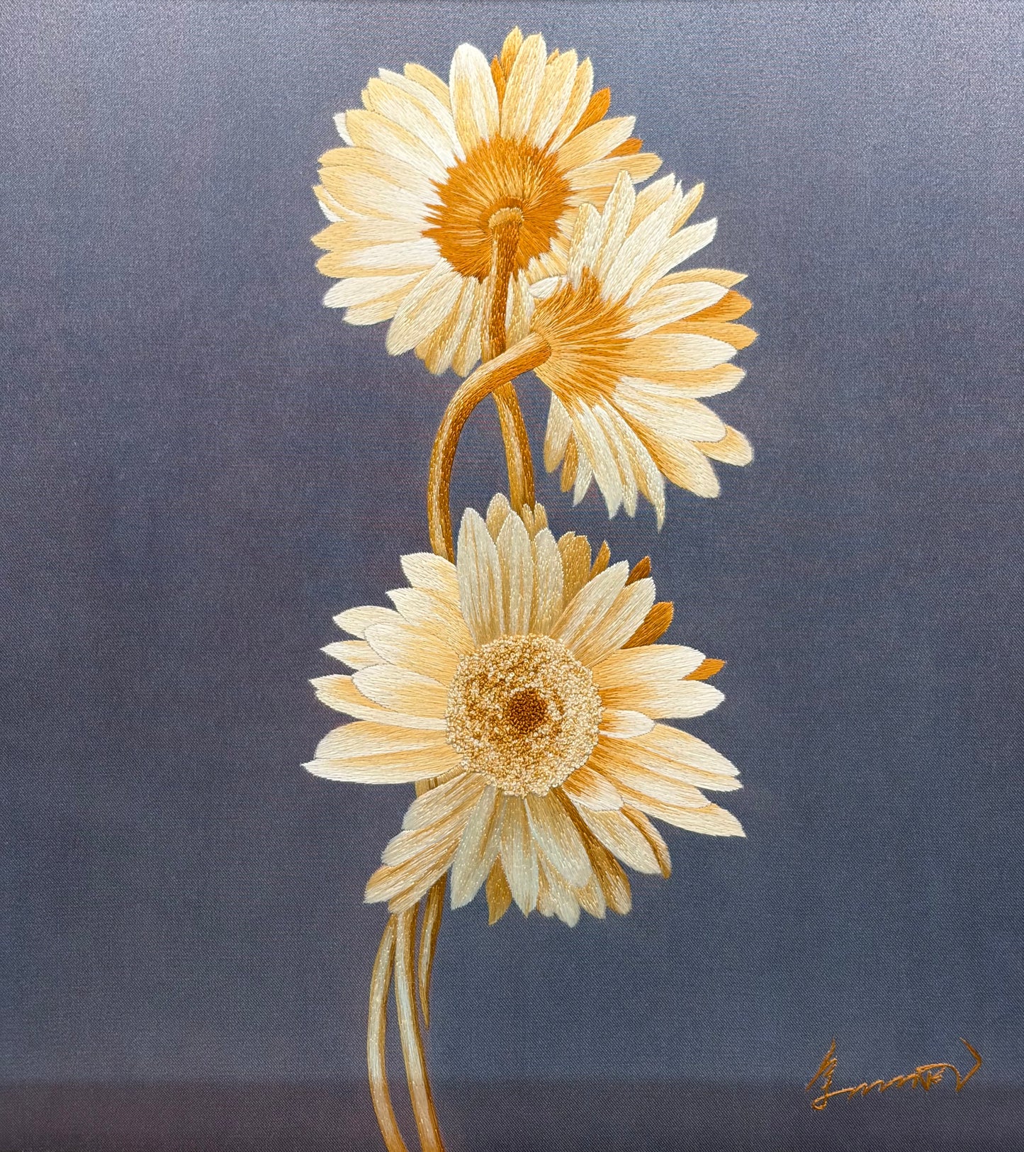 Three white‑to‑yellow chrysanthemums hand‑embroidered oil painting style floral decor for home
