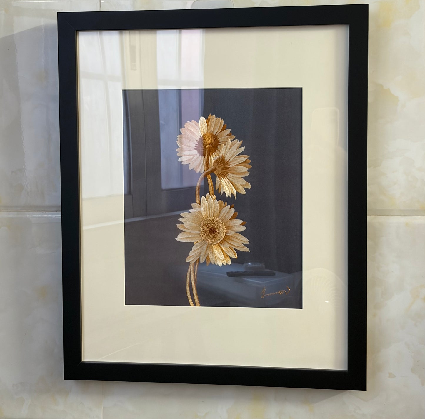Hand-embroidered three chrysanthemums oil painting style, black frame