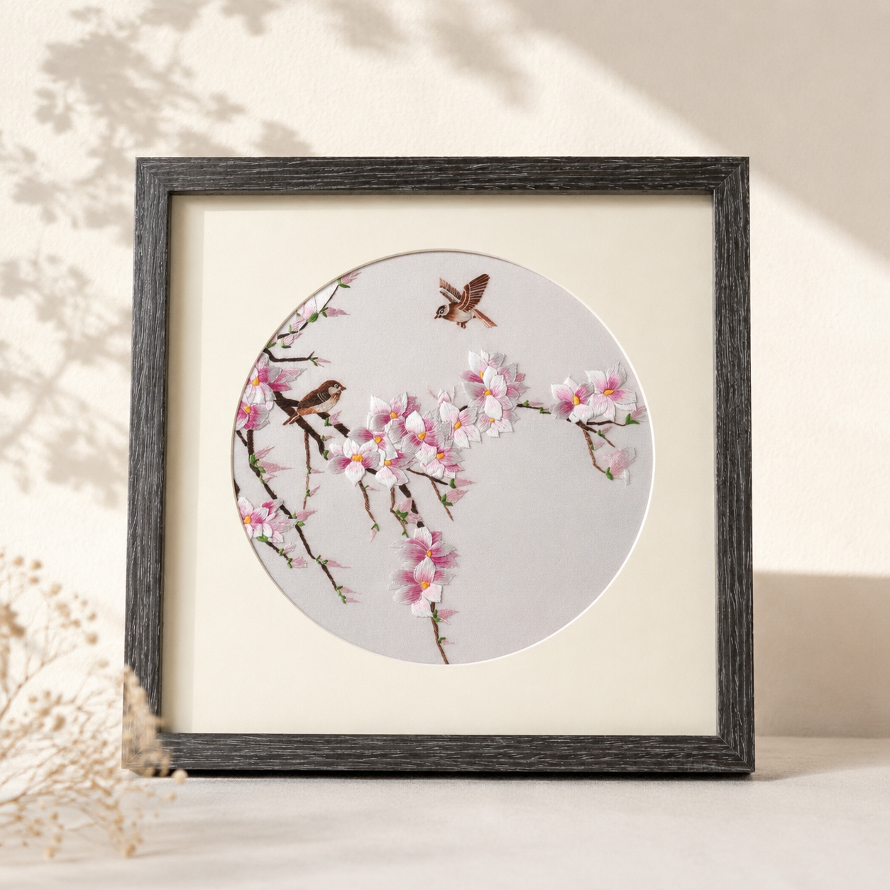 embroidered blooming magnolia flowers and birds desktop decoration