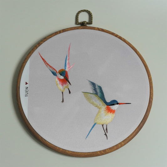 Colorful hummingbird hand-embroidery hoop art. Two birds on round faux-wood frame, 20cm silk thread wall decor.