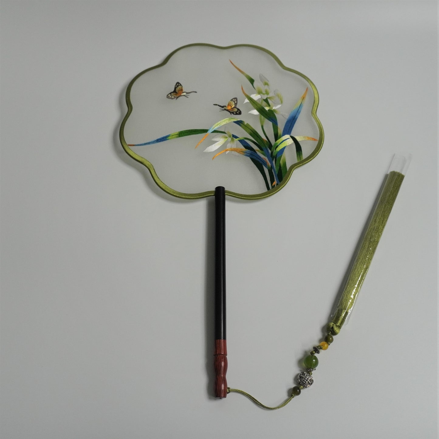 Hand-Embroidered redwood fan handle with jade bead tassel