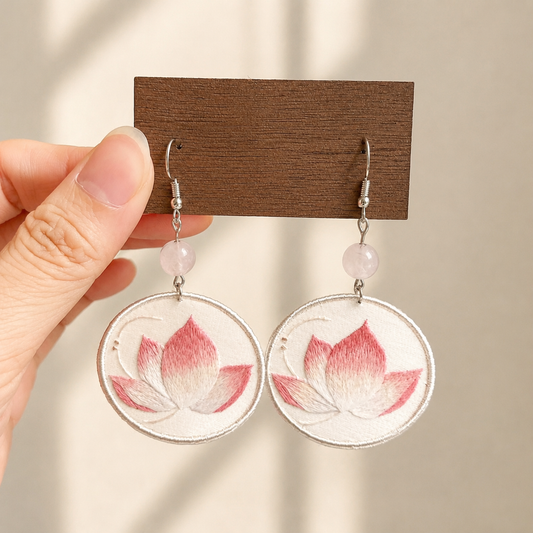 Double-sided embroidered lotus earrings on silk gauze