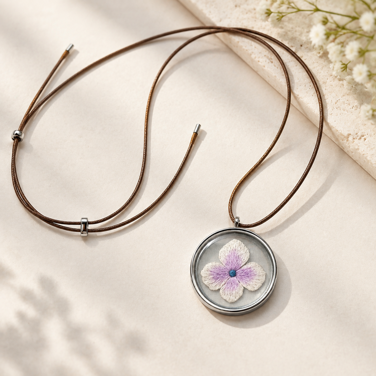 Double-Sided Hydrangea Embroidery Necklace | Chinese Silk Embroidery Flower Pendant