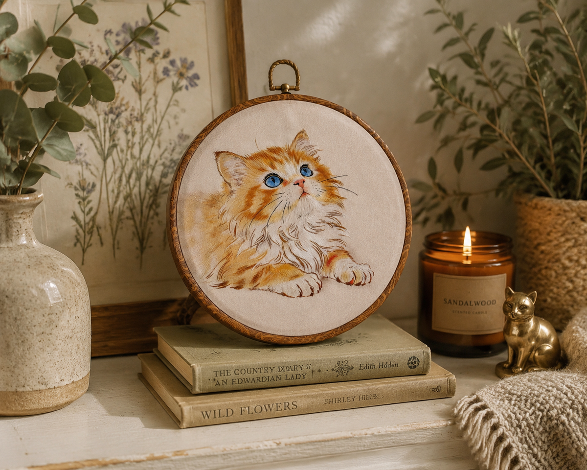 Golden shaded cat embroidery hoop hanging on modern living room as home decor