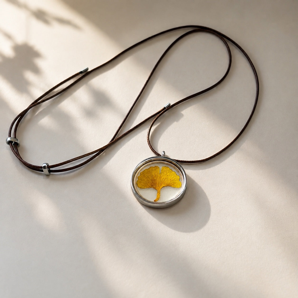 Handmade golden ginkgo leaf embroidery necklace with double-sided silk embroidery pendant