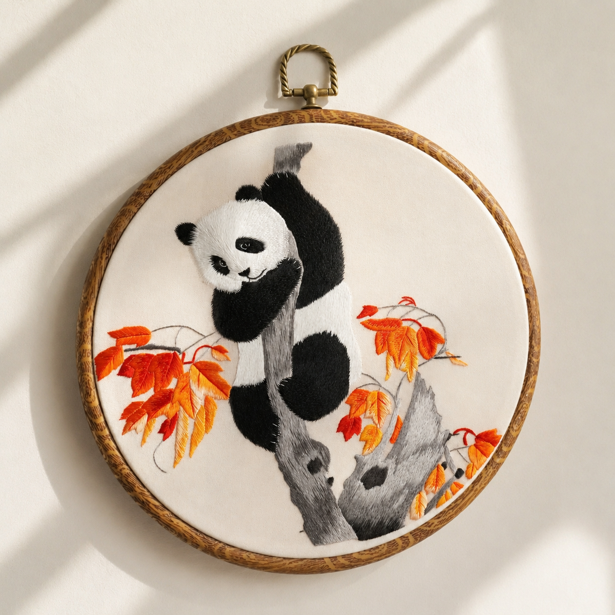 Handmade silk embroidered panda wall art
